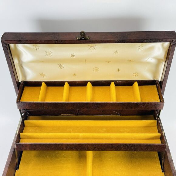 VTG MELE 4-Tier Jewelry Box MCM Mid-Century Faux Leather Satin Gold Velvet w KEY - Picture 15 of 16